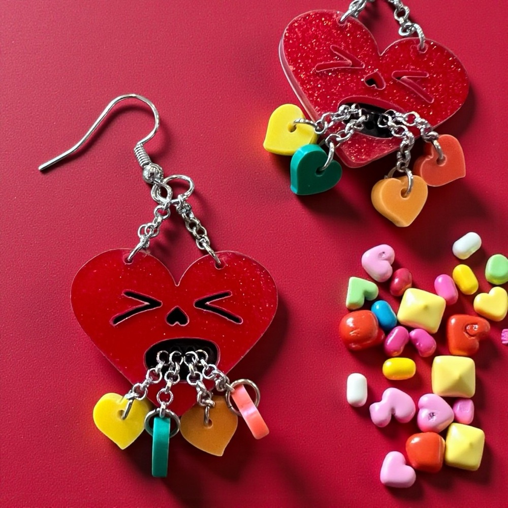 Red Heart Earrings Vomiting Heart Colorful Confetti Charms